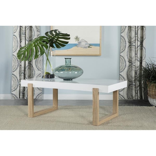 Rectangular Coffee Table with Sled Base in High Gloss White and Natural