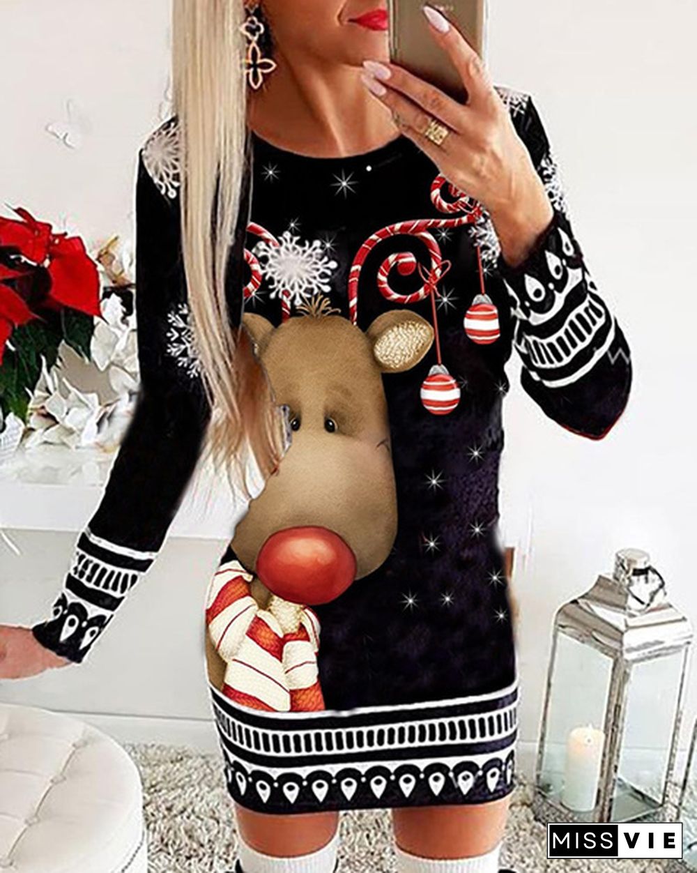 New Women's Fashion Christmas Santa Claus Printing Long Sleeve Dress