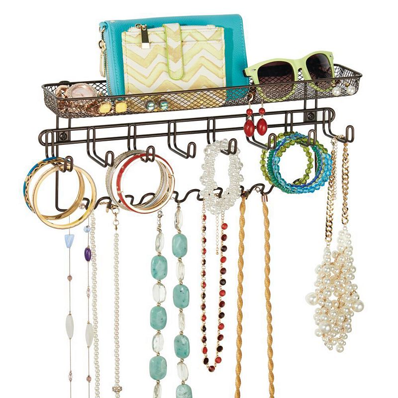 mDesign Wall Mount Jewelry Accessory Holder， 19 Hooks and Basket