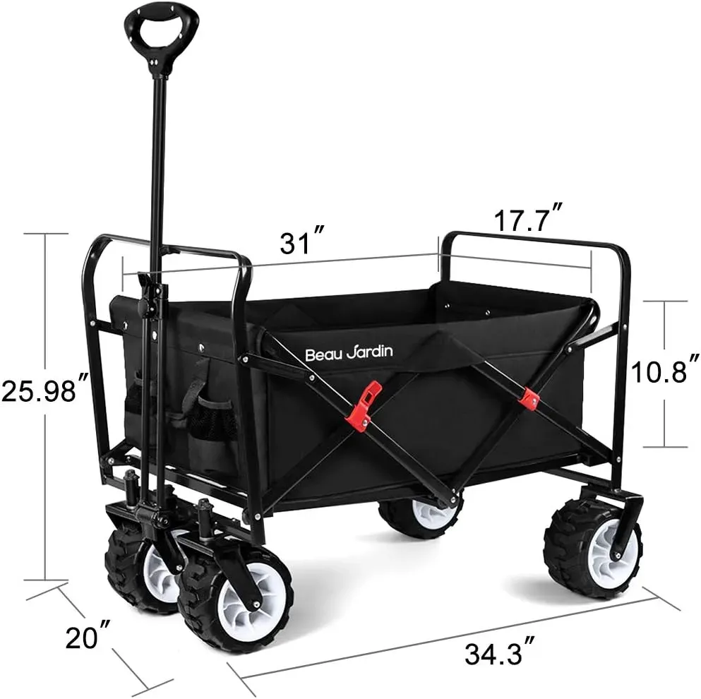 Folding Beach Wagon Cart 300 Pound Capacity Collapsible Utility Camping Grocery Canvas Portable Rolling Outdoor Garden Sport Heavy Duty Shopping Wide All Terrain Wheel Black BG377