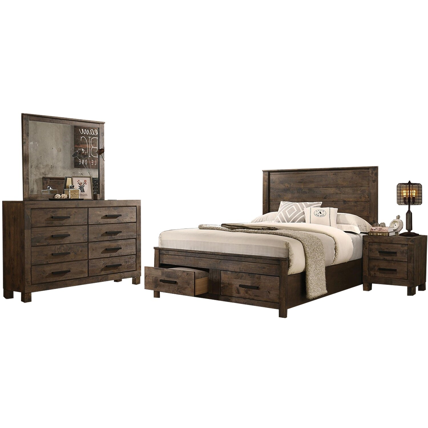 Wooden Storage California King Platform Bedroom Set in Rustic Golden Brown - - 36135787