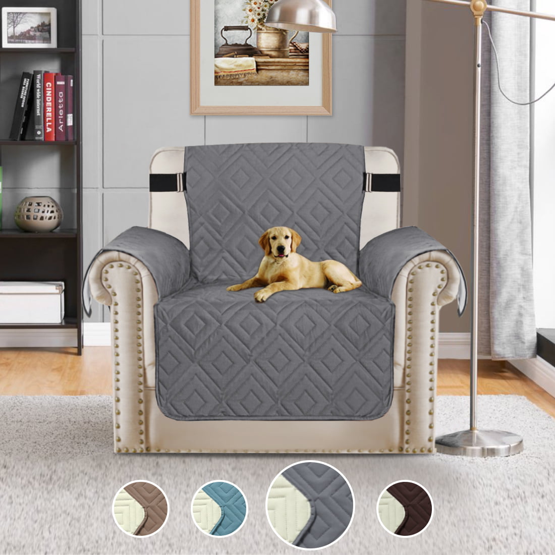 Turquoize 1-Piece Upgraded Diamond Pattern Reversible Quilted Armchair Pet Cover Protector, Gray