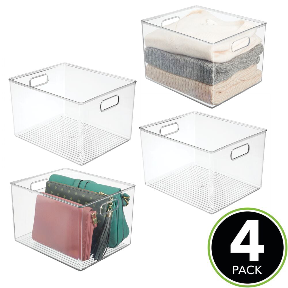 mDesign Plastic Storage Organizer Container Bin, Closet Organization for Hallway, Bedroom, Linen, Coat, and Entryway - Holds Clothing, Blankets, and Accessories, Ligne Collection, 4 Pack, Clear