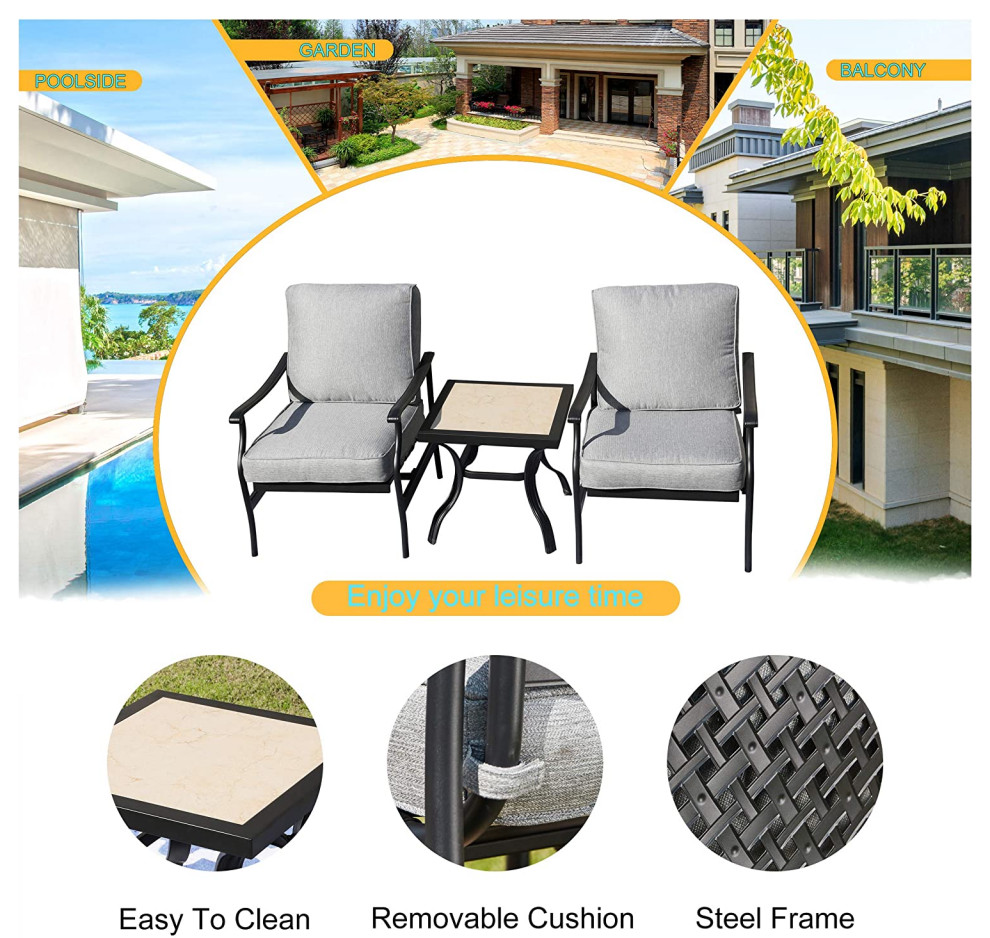 3 Pieces Modern Patio Set  Padded Cushioned Chairs for Extra Comfort  Gray   Tropical   Outdoor Lounge Sets   by Decor Love  Houzz