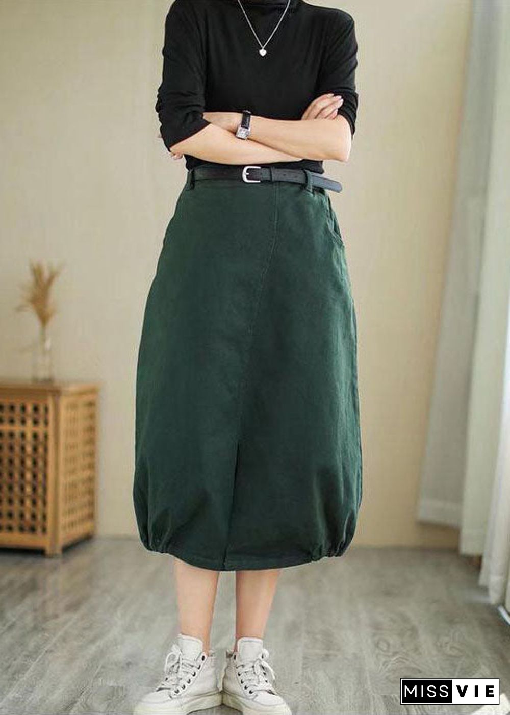 Art Army Green Pockets Cotton Loose Skirt Spring