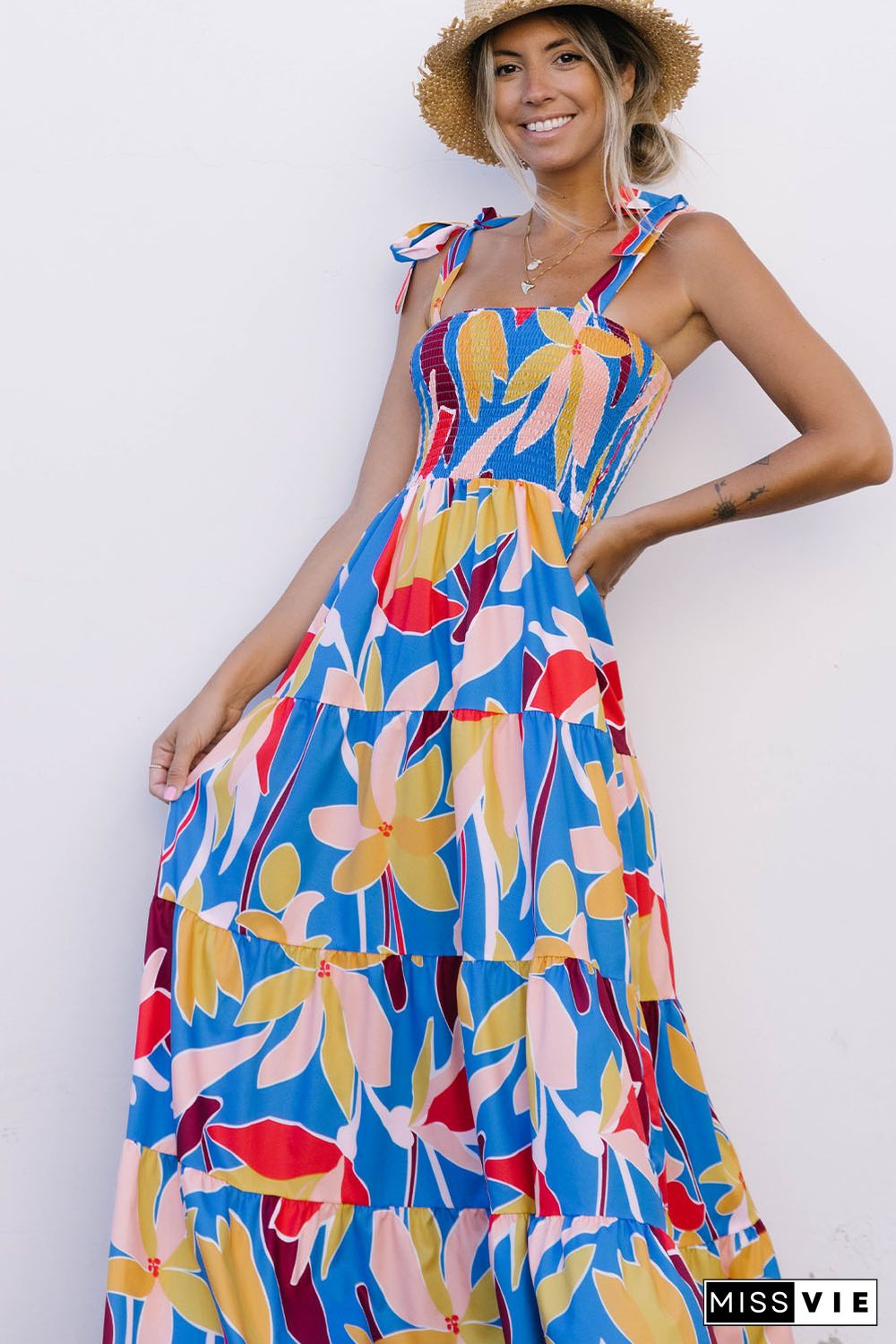 Blue Boho Print Tie Straps Smocked Maxi Dress