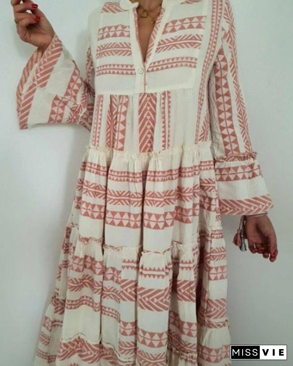 Vintage Boho Print Dress Flare Sleeve Ruffled Hem Maxi Dress