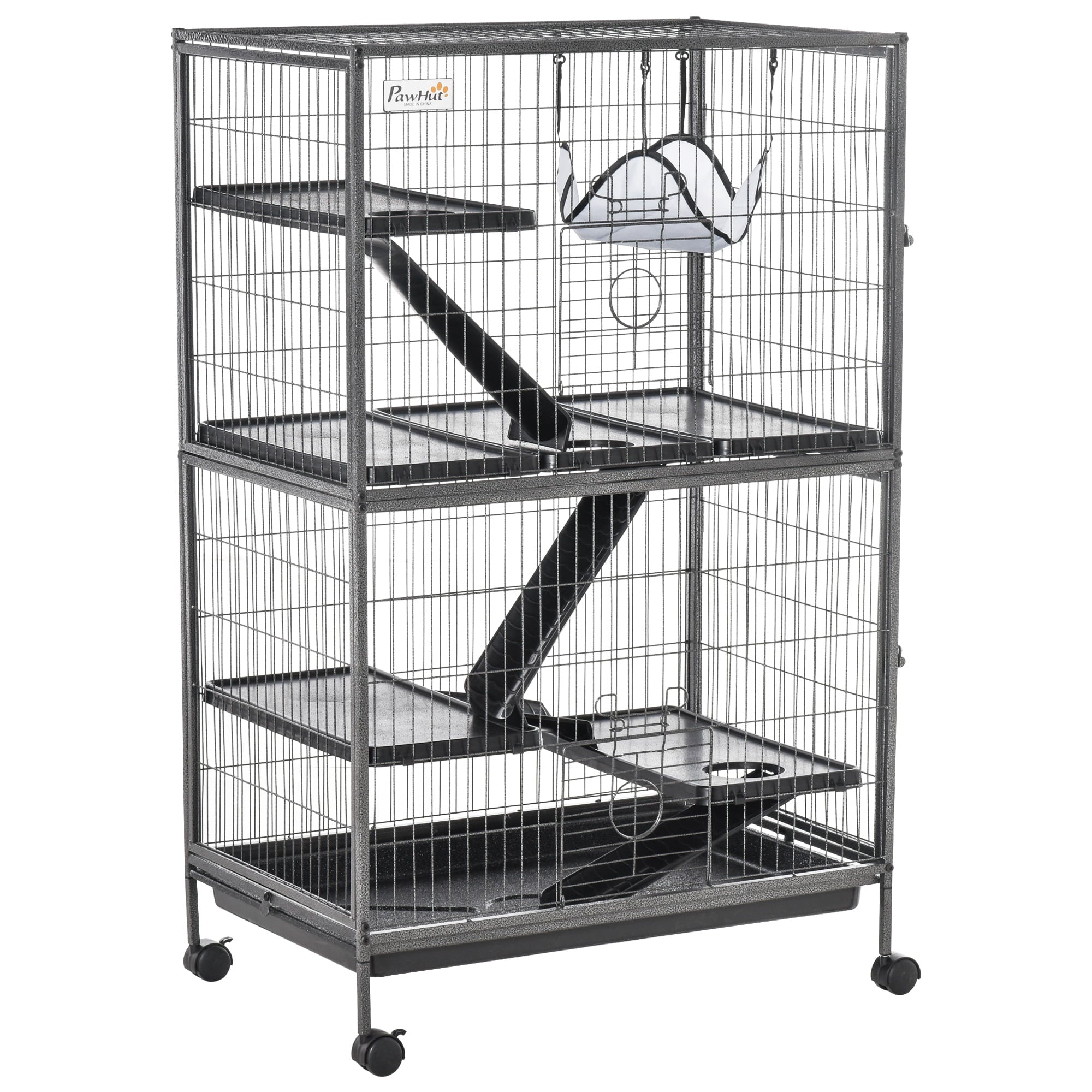 Pawhut 50” 4 Tier Steel Plastic Small Animal Pet Cage Kit with Wheels， Silver Gray Hammertone