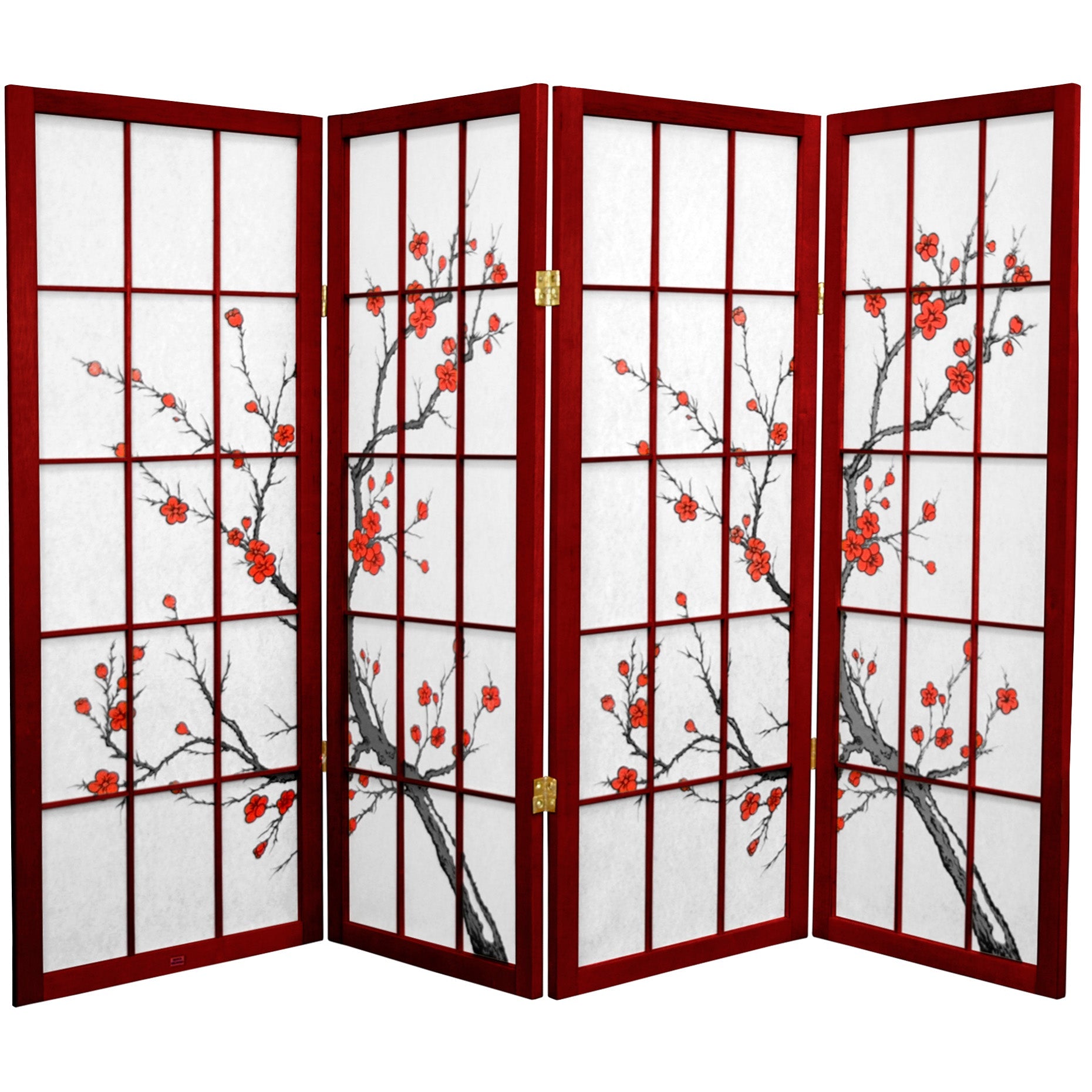 Oriental Furniture 4 ft. Tall Cherry Blossom Shoji Screen - Rosewood - 4 Panel