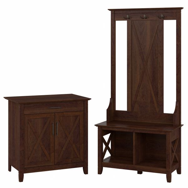 Bush Furniture Key West Entryway Storage Set with Hall Tree， Shoe Bench and Armoire Cabinet in Bing Cherry