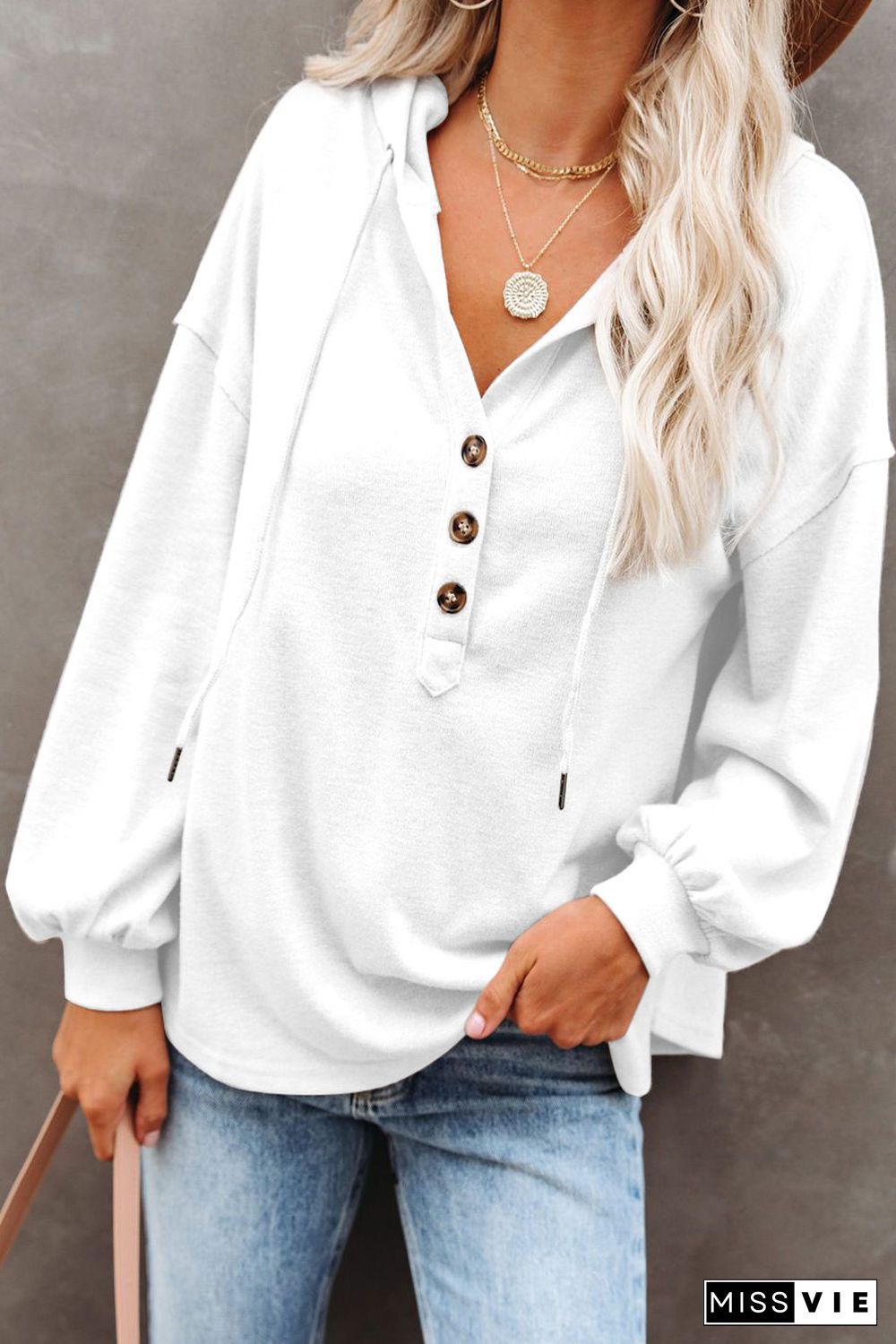 White Buttoned High and Low Hem Hoodie