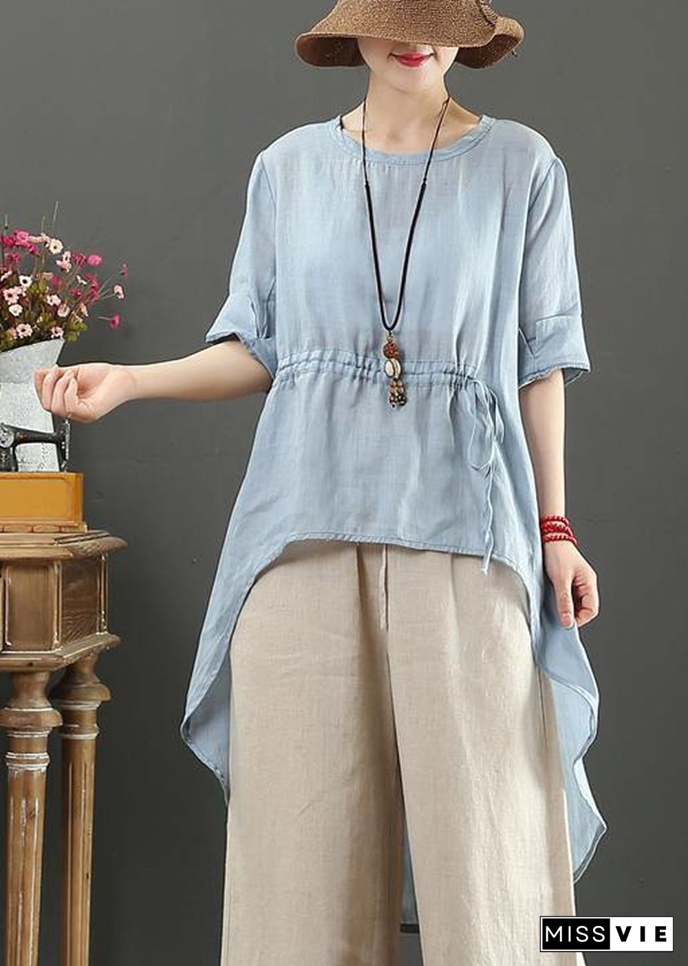 DIY light blue linen clothes o neck asymmetric box shirts