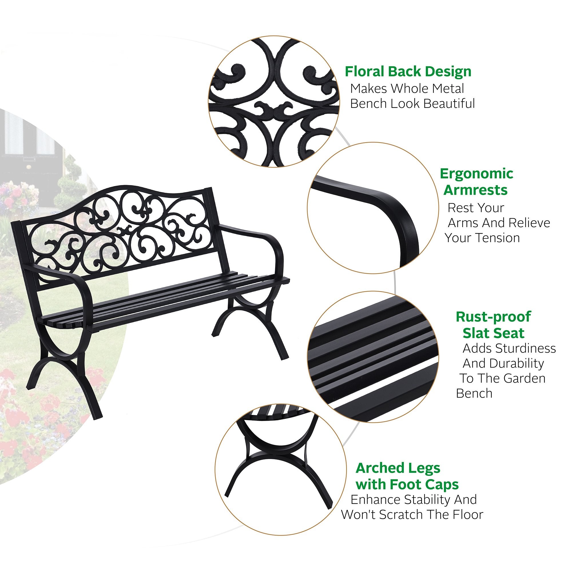 MF Studio Garden Bench 50 Inch Cast Iron Steel Frame Chair W/Floral Design Backrest, Black