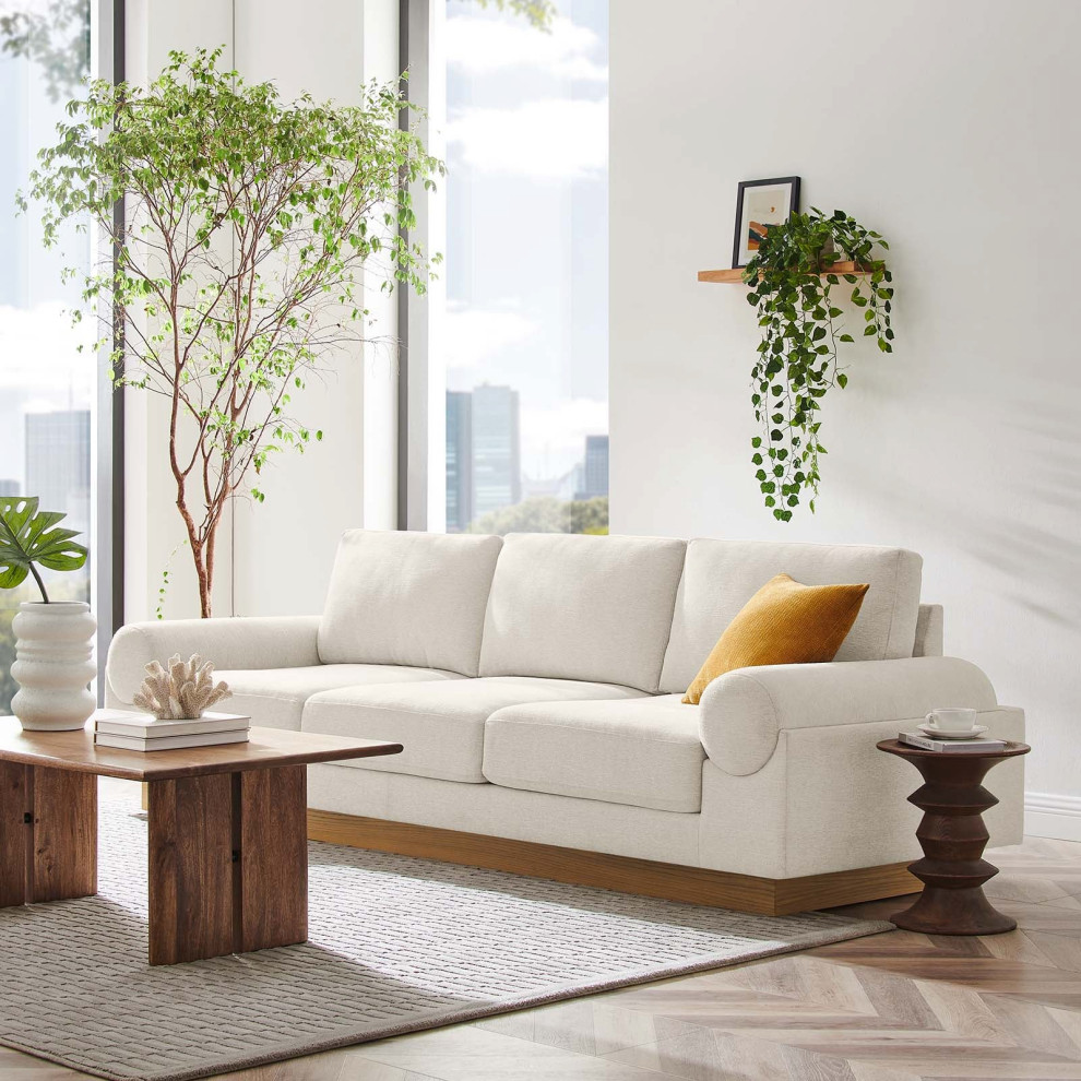 Modern Fabric Sofa with Wooden Plinth Base  Bolster Couch Ivory Fabric   Transitional   Sofas   by mod space furniture  Houzz