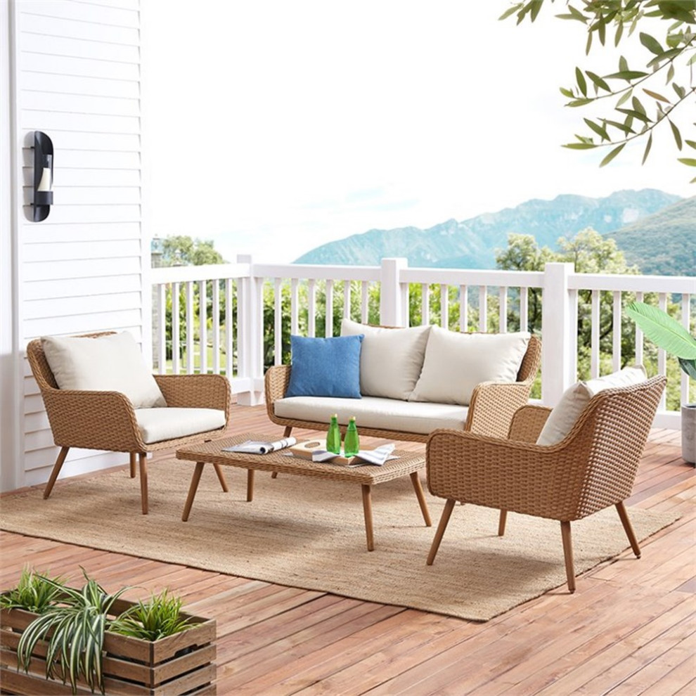 Afuera Living 4 Piece Patio Sofa Set in Light Brown and Oatmeal   Tropical   Outdoor Lounge Sets   by Homesquare  Houzz