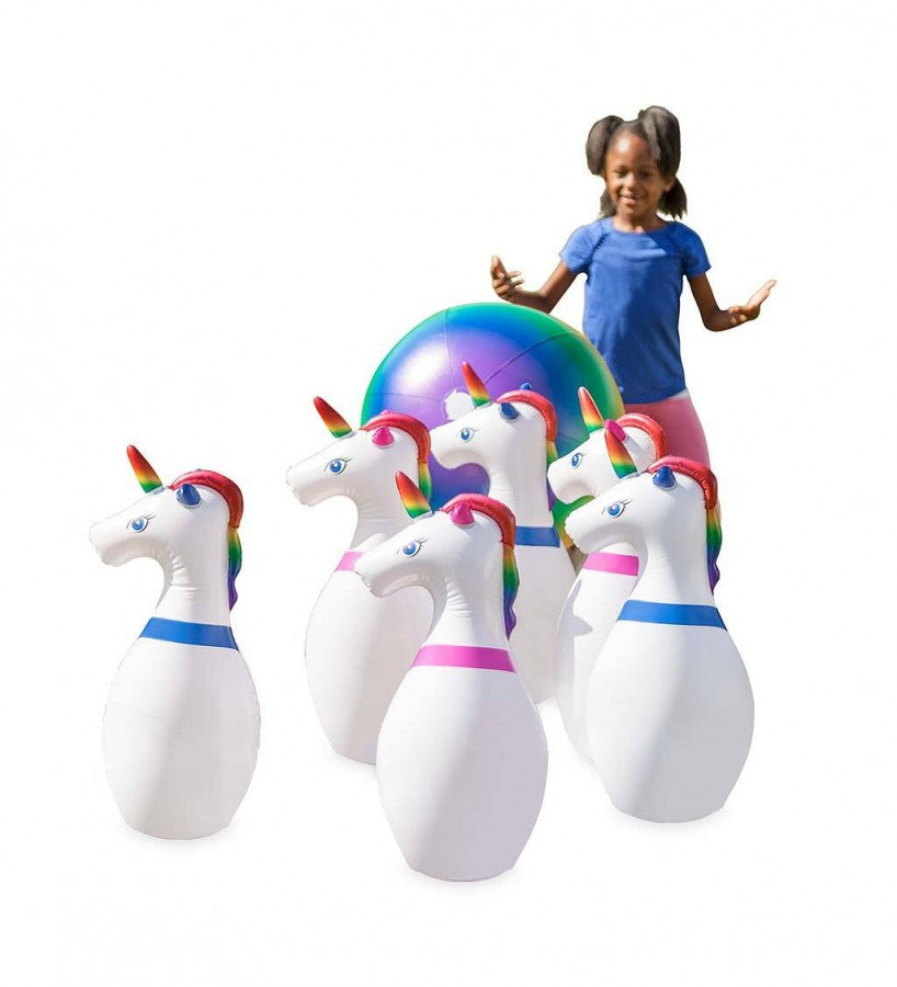 HearthSong Giant Inflatable Unicorn Bowling Set for Kids, with 6 Unicorn Pins and 1 Large Multi-Colored Ball