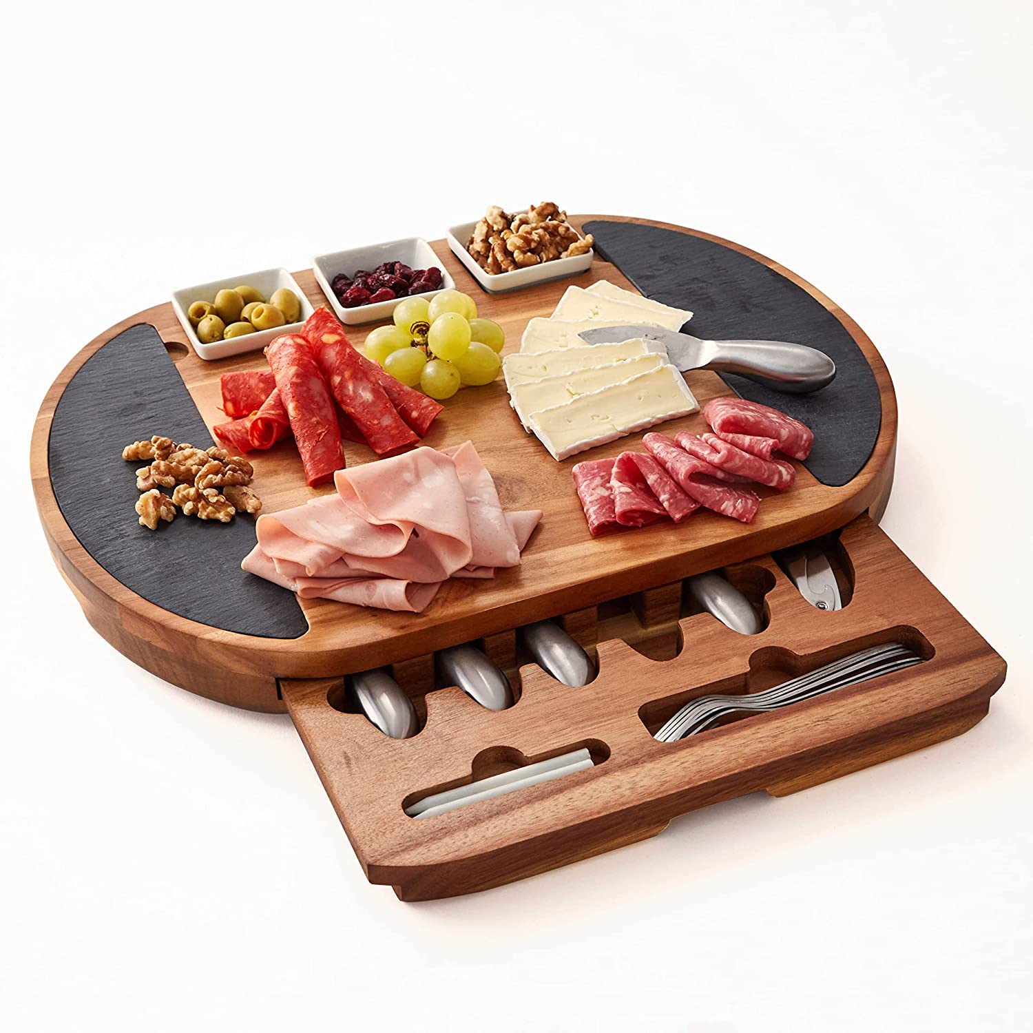 Real Life Living Premium Oval Charcuterie Board Set， Acacia Wood， Brown