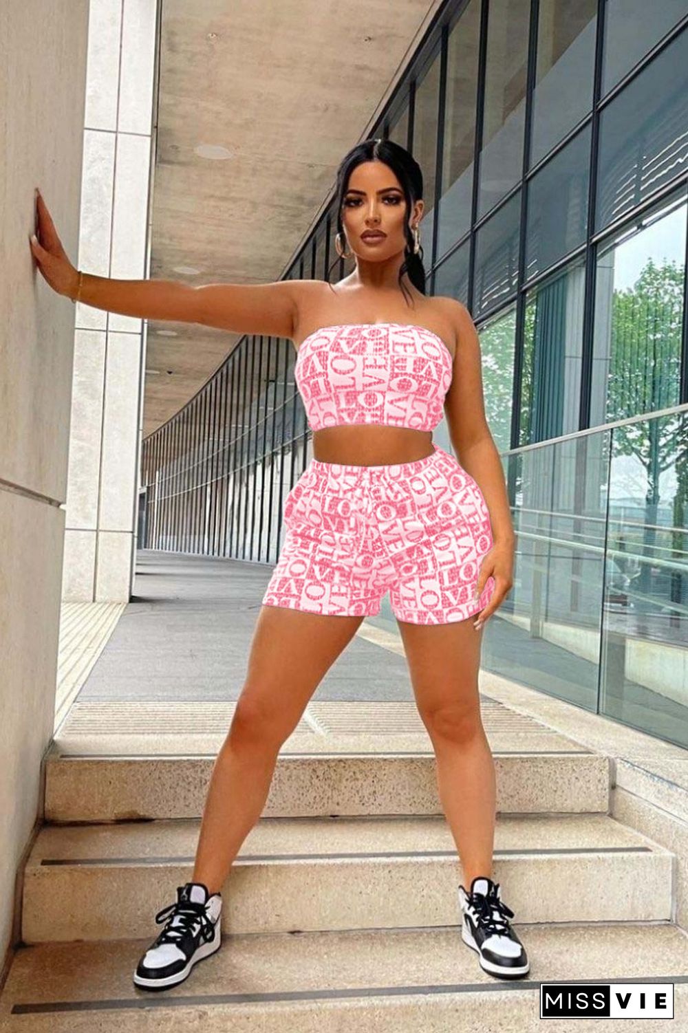 Causal Women Letter Print Strapless Crop Top Bodycon Elastic Waist Shorts Sportsuit 2 Piece Set