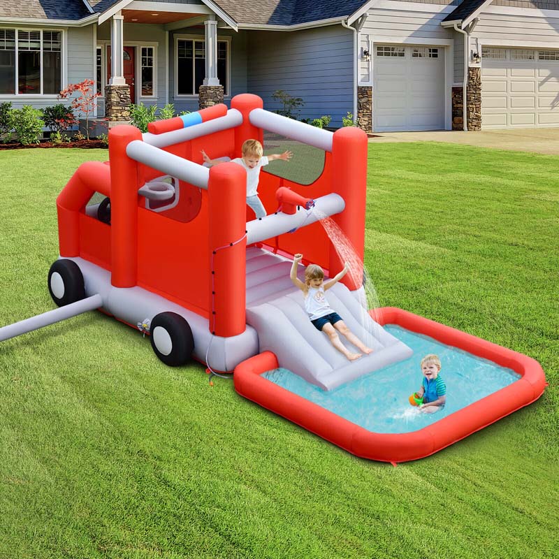 6-in-1 Fire Truck Themed Kids Water Park Jumping Bounce House Inflatable Water Slide without Blower