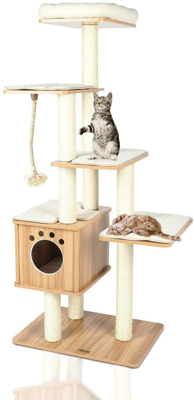 LAZY BUDDY 67'' Cat Tree Condo Multi-Level Wood Cat Tower with Scratching Post， Washable Cushion