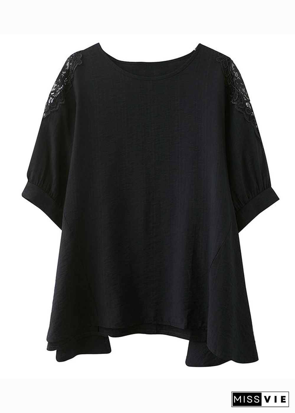 Black Lace Patchwork Cotton T Shirt Top Asymmetrical Summer