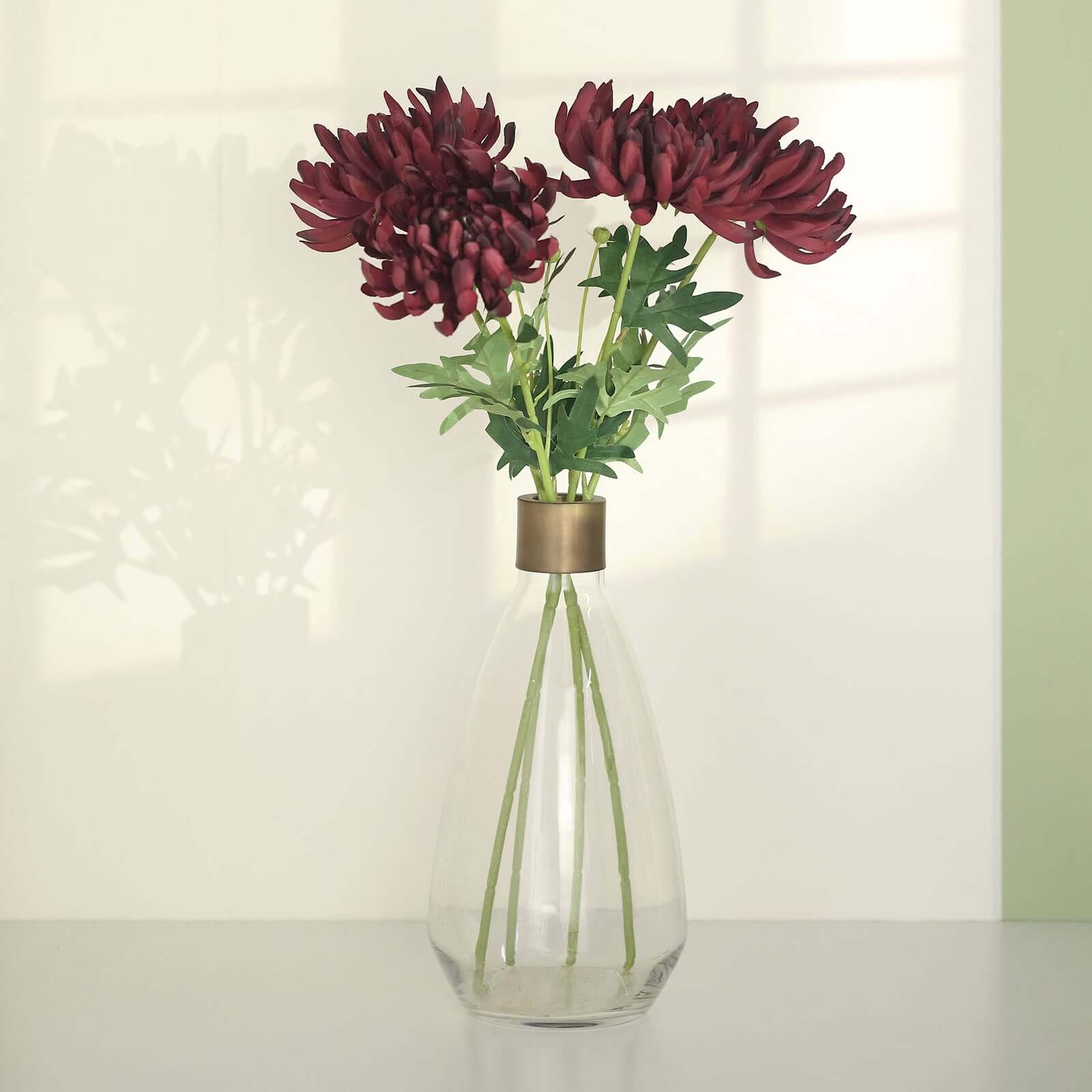 3 Stems Burgundy Artificial Silk Chrysanthemum Bouquet Flowers, Large Faux Mum Branches 27