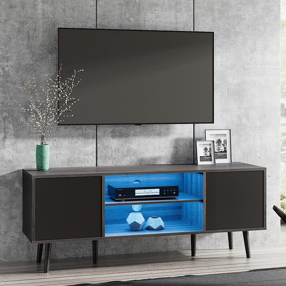 WAMPAT Mid Century Modern TV Stand 61.6 inch Black   Grey