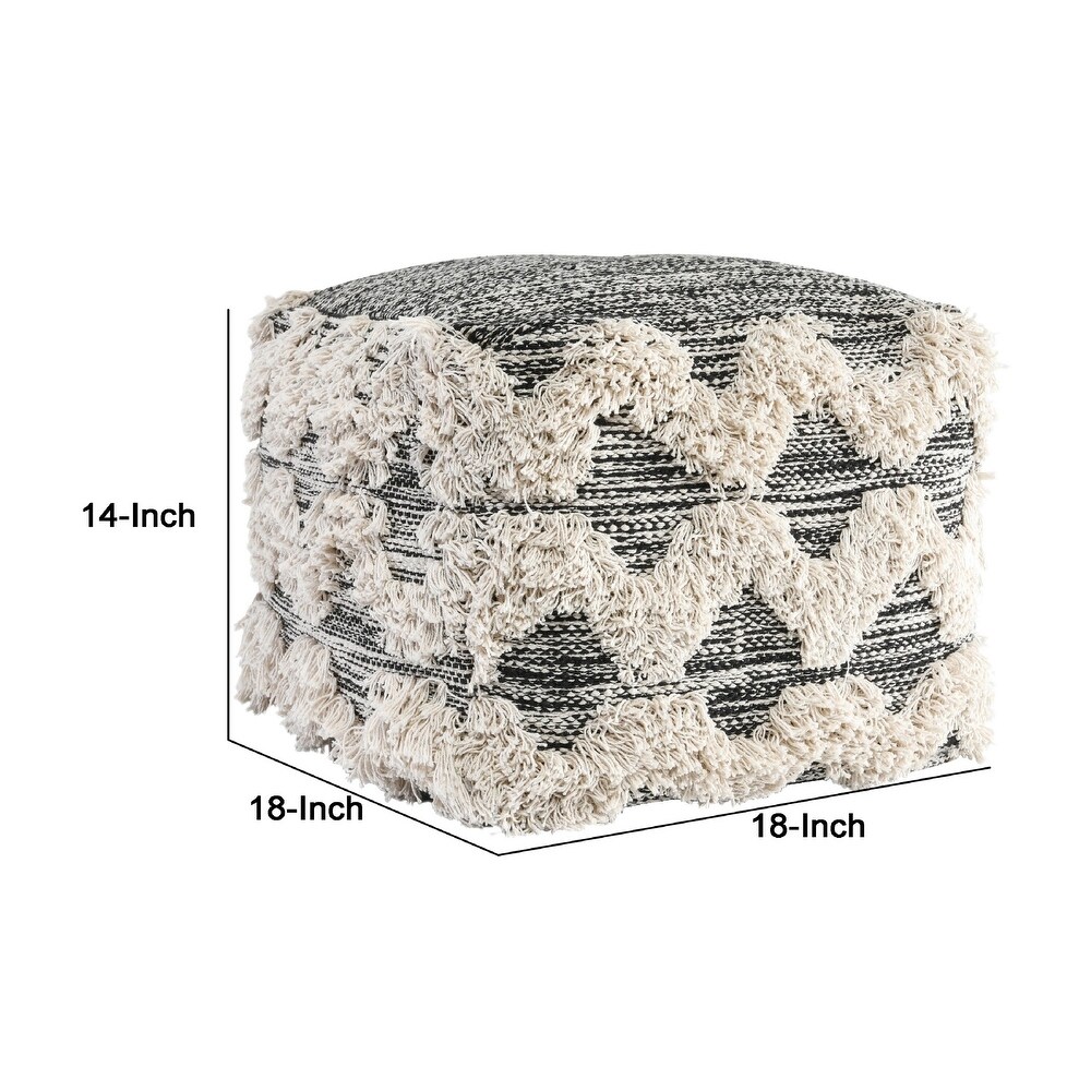 18 Inch Square Cube Accent Pouf  Zig Zag Shag Woven Pattern  Black  White