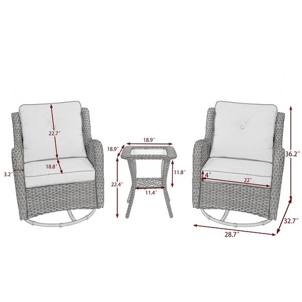 Outdoor 3 Pieces Rattan Wicker Bistro Set Swivel Rocker With Cushion and Table