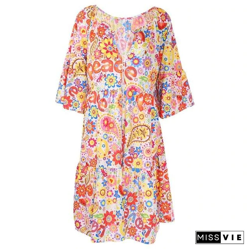 Summer Women Boho Floral Long Sleeve Dress Holiday Beach Shirt Dress Ladies Print Mini Dress Plus Size S-5XL