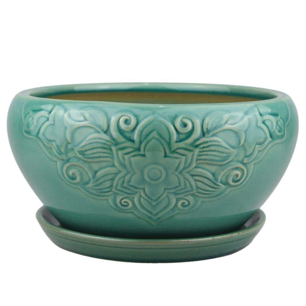 Trendspot 10 in. Teal Florelle Ceramic Bowl Planter CR00466-10C