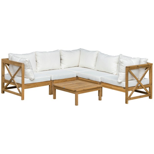 Outsunny 6 Piece Wood Patio Furniture Set Outdoor Sectional Sofa With Cushions And Coffee Table Acacia Wood Conversation Set Couch Cream White