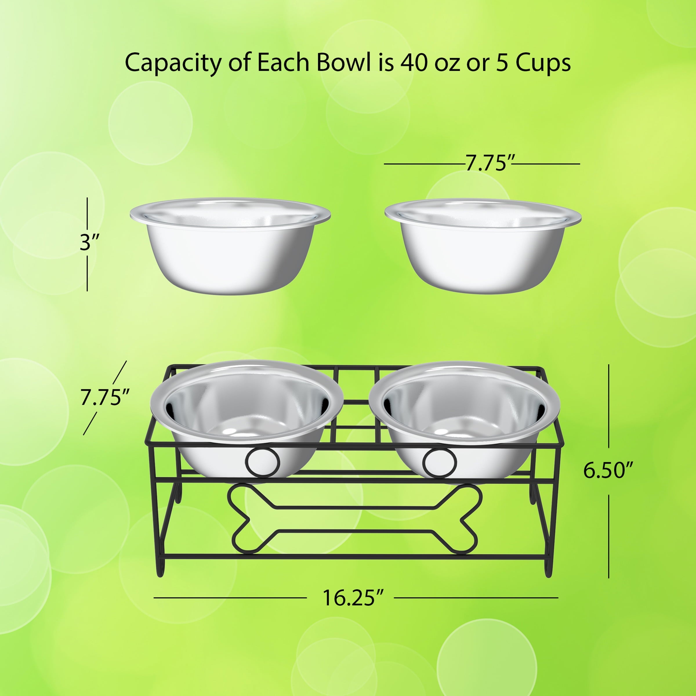 Elevated Dog Bowls  Decorative 6.5-inch-Tall Stand for Dogs and Cats  2 Stainless-Steel Food and Water Bowls Hold 40oz Each by Petmaker (Black)