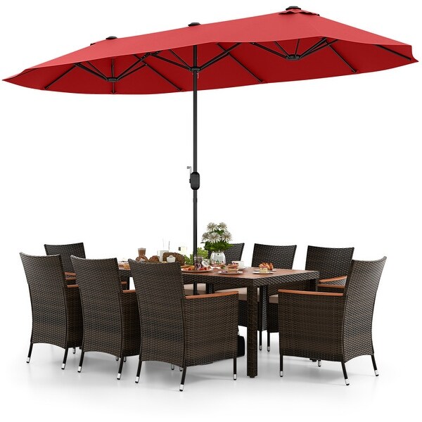 9 Piece Outdoor Dining Set with 15 Feet DoubleSided Twin Patio Umbrella