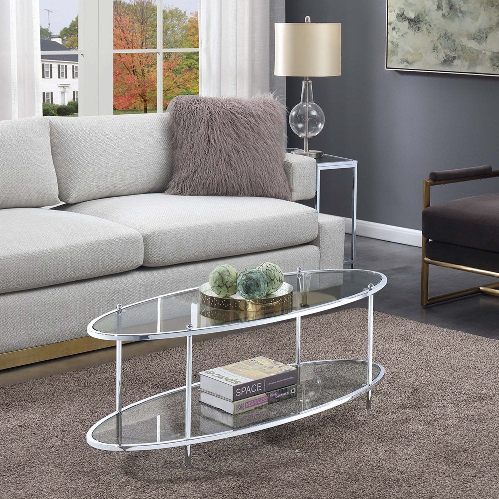 Royal Crest 2 Tier Oval Glass Coffee Table， Glass/Chrome