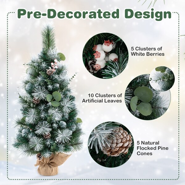 PreLit 3 FT Artificial Mini Christmas Tree with 98 Flocked PVC Pine Needles