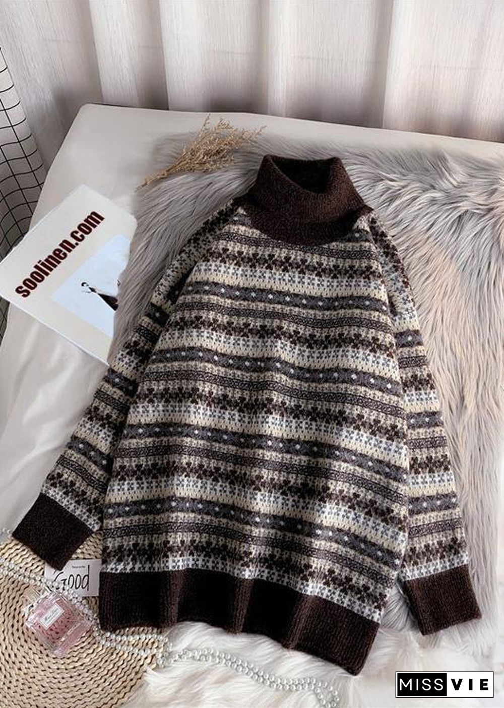 Pullover high neck gray knit sweat tops plus size striped sweater tops