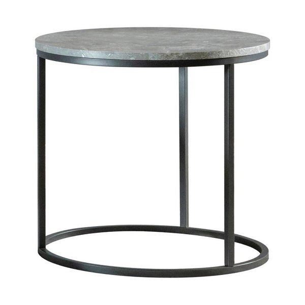 End Table with Textured Round Faux Marble Top， Gray