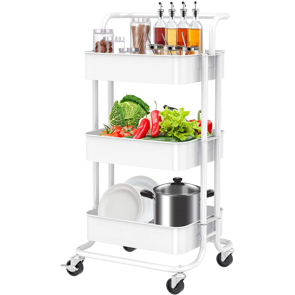 3-Tier Rolling Kitchen Cart， Home Kitchen Storage Utility Cart with Handle， Bathroom Organizer Cart on Wheels， White