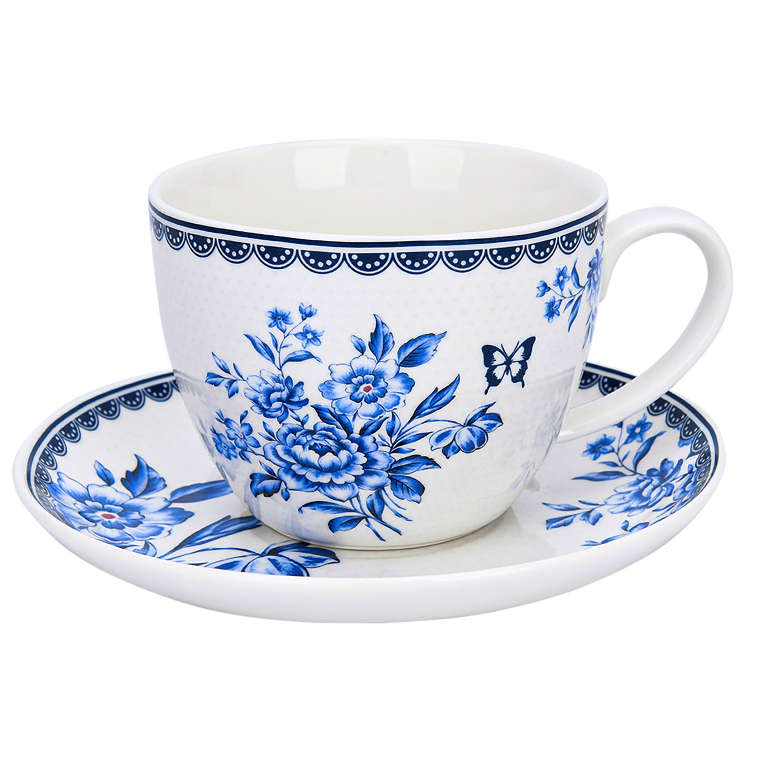 Bone China Kitchen Teacups Floral Tea Cups Vintage Indigo Tea Cup w/ saucer 450 ml Pretty Tea Cup with Matching Saucer Christmas Mugs