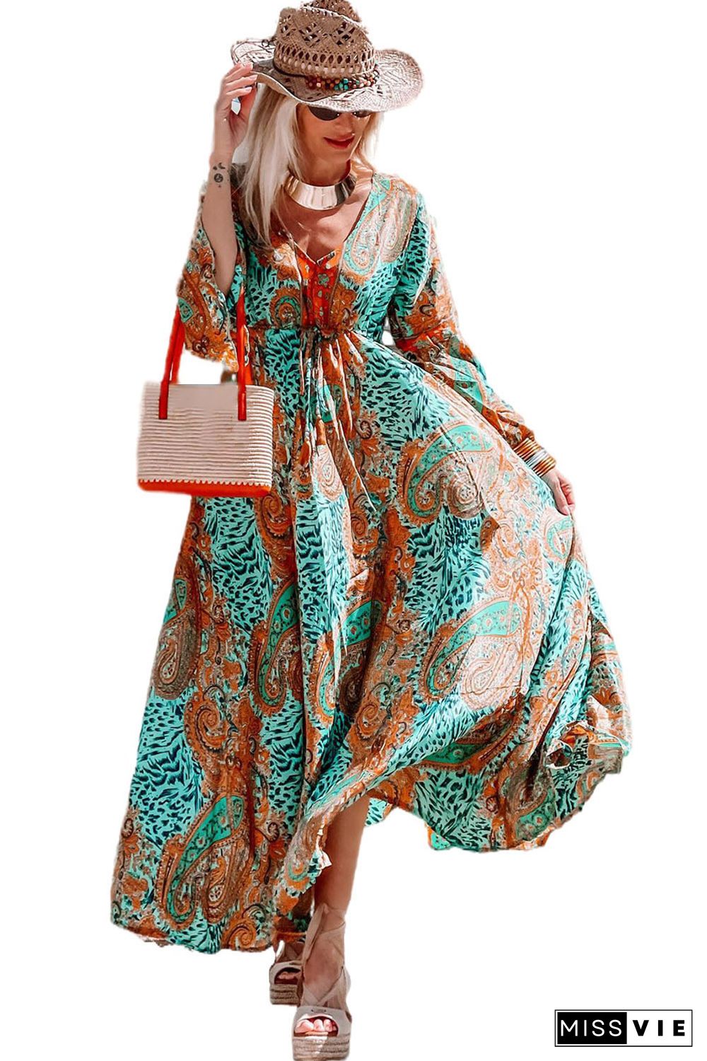 Green Boho Paisley Mix Print Long Sleeve V-Neck Tie Maxi Dress