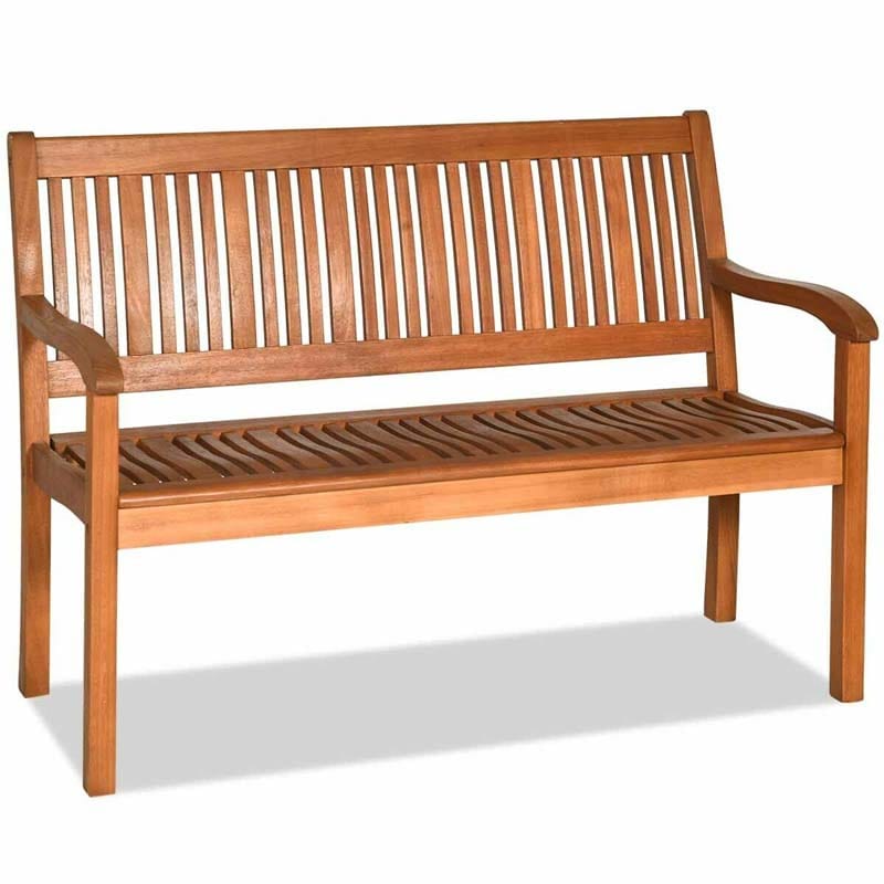 2-Person Eucalyptus Wood Garden Bench Outdoor Park Patio Large Loveseat Chair with Curved Backrest & Wide Armrest