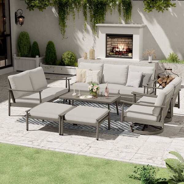 7Piece Aluminum Patio Conversation Set，3Seat Outdoor Couch and Loveseat with 2 Swivel Armchairs， Ottomans and Coffee Table