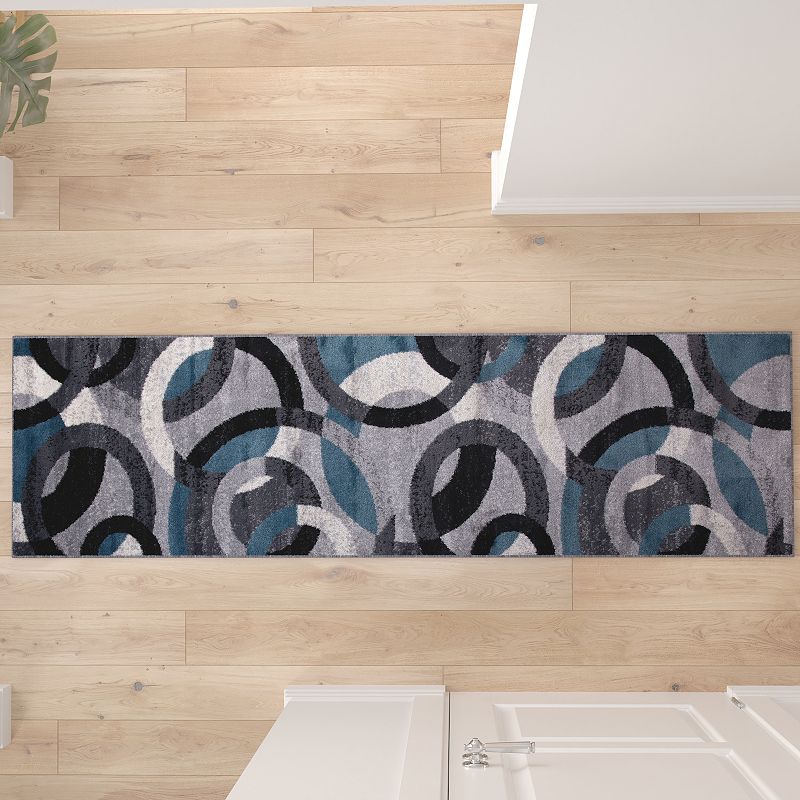 Masada Rugs Masada Rugs， Thatcher Collection Accent Rug with Interlocking Circle Pattern in Blue/Grey with Olefin Facing and Natural Jute Backing - 2'x7' Runner