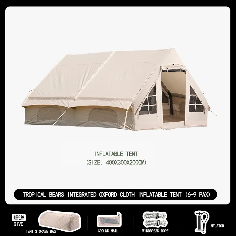 4 Season Luxury Large Camping Tube Tent Inflatable Camping Tent Glamping Canvas Inflatable Outdoor Camping Air Family Tent