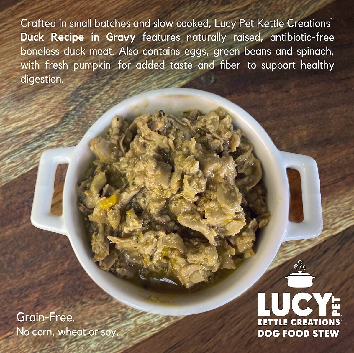 Lucy Pet Products Kettle Creations Duck Recipe in Gravy Wet Dog Food， 12.5-oz can， case of 12