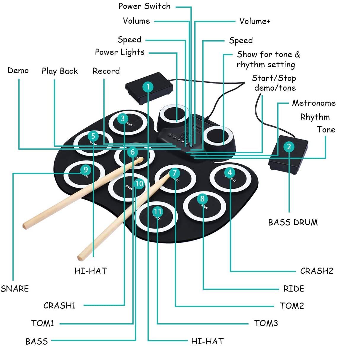 Costzon 9 Pads Electronic Drum Set with LED Light, Portable Roll up MIDI Drum Practice Pad w/Bluetooth (Black)