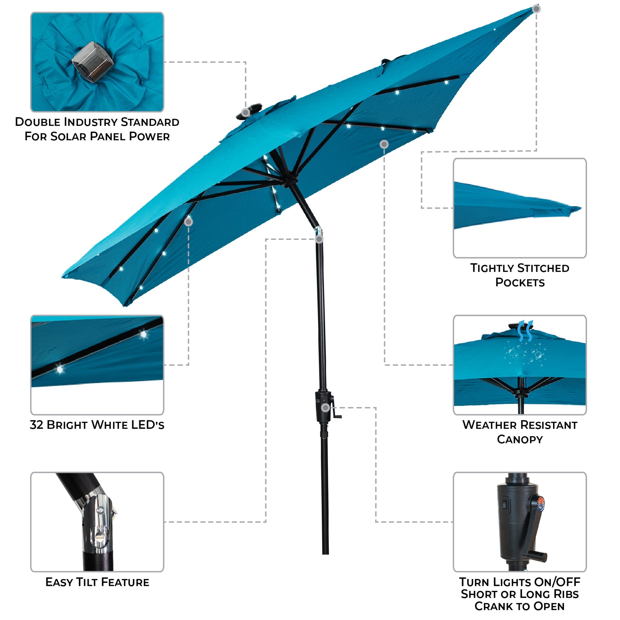 SunRay 9' x 7' Rectangular Patio LED Umbrella Solar Powered w/Crank & Tilt Outdoor Umbrella, Grey