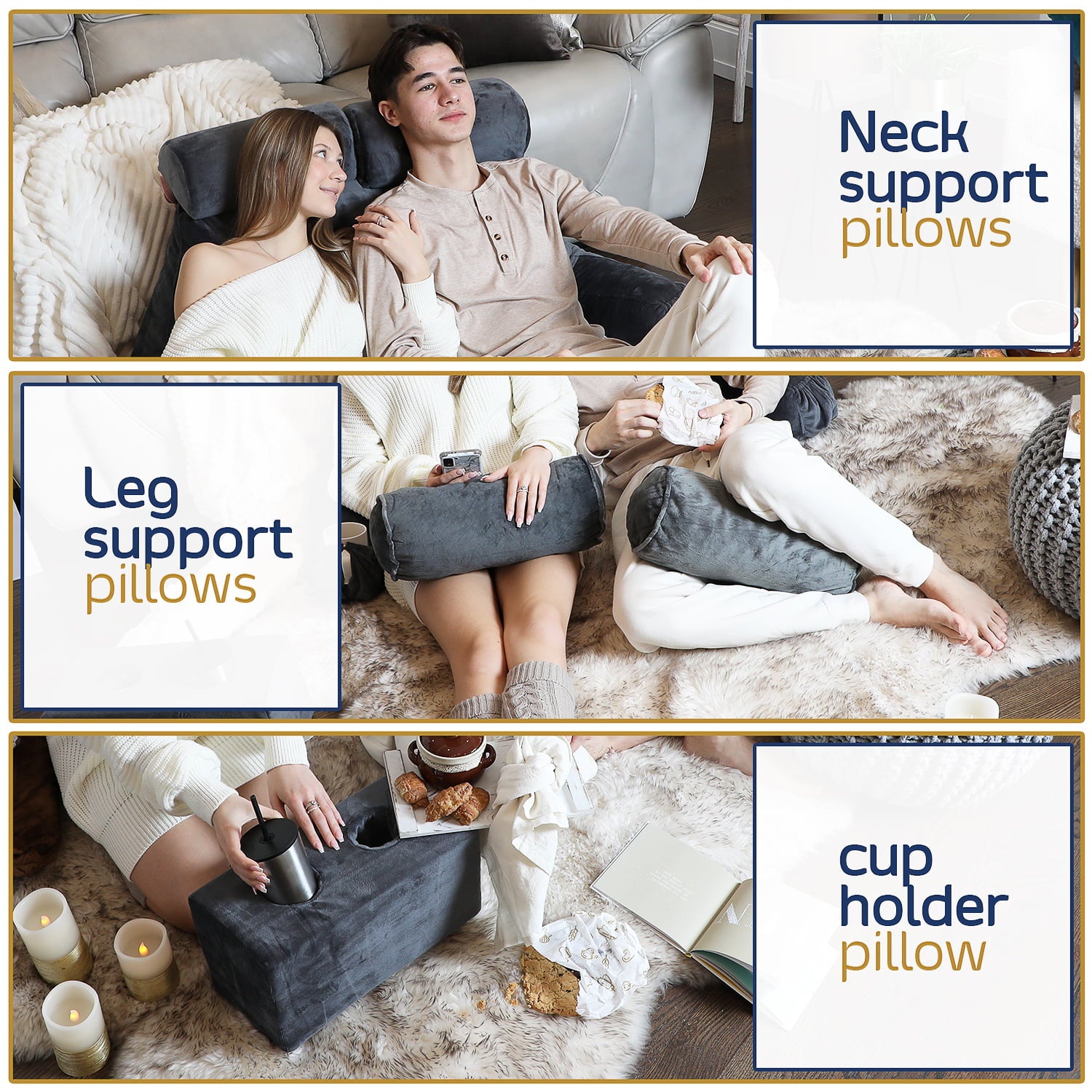 Nestl Double Reading Pillow， Double Back Pillow， Backrest Pillows for Bed with Arms， Back Pillows for Sitting in Bed， 2 Neck Roll and 2 Lumbar Back Support Pillow， Gray