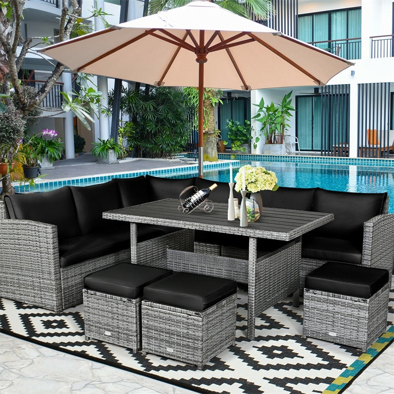 7 Pcs Rattan Patio Dining Furniture Sectional Sofa Set with Dining Table, Ottomans & Cushions